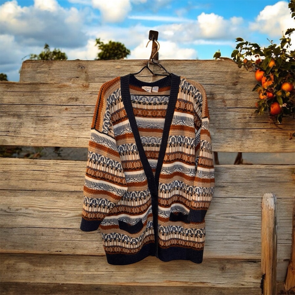 VINTAGE 90s Backroad Blues Aztec / Fair Isle Knit Cardigan